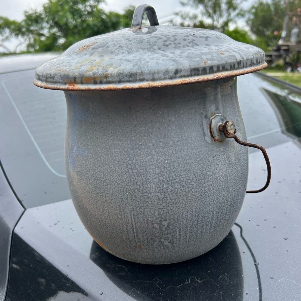 Vintage Gray Enamel Chamber Pot with Lid
